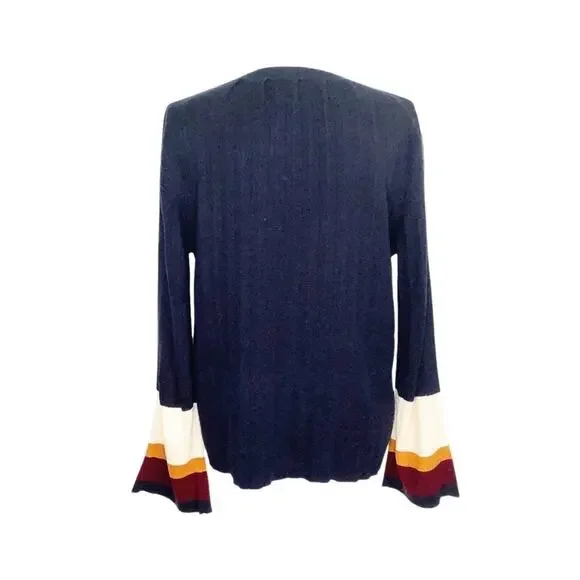 Cliche Navy Pleated Bell Sleeve Sweater Striped Cuffs Medium - Picture 5 of 7